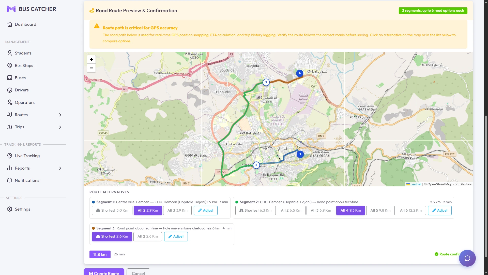 BusCatcher's road route confirmation screen, showing a three-segment bus route on a map of Tlemcen with alternative road options for each segment.