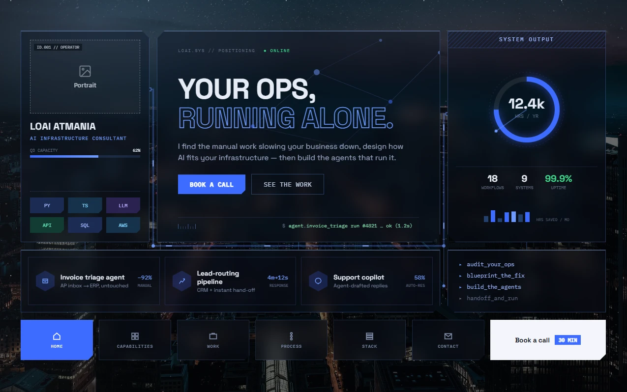 The portfolio's dark dashboard-styled homepage, with an operator profile card, a live-looking system stats panel, and three automation result cards.