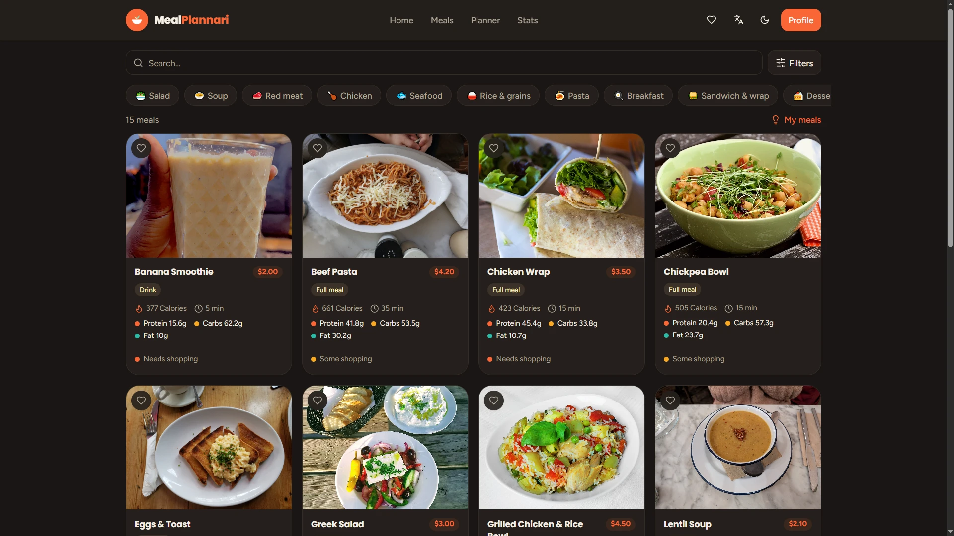 The meal browsing page, showing a grid of meal cards with photos, calories, macros, price, prep time, and shopping status for each.