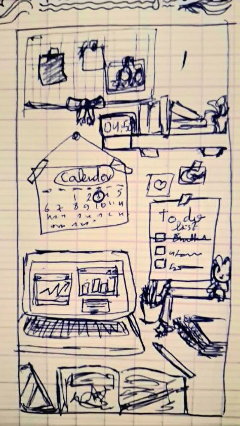 A hand-drawn pen sketch of the same desk scene — pinboard, shelf, wall calendar, to-do list, and laptop — the original concept drawing for the app's navigation.